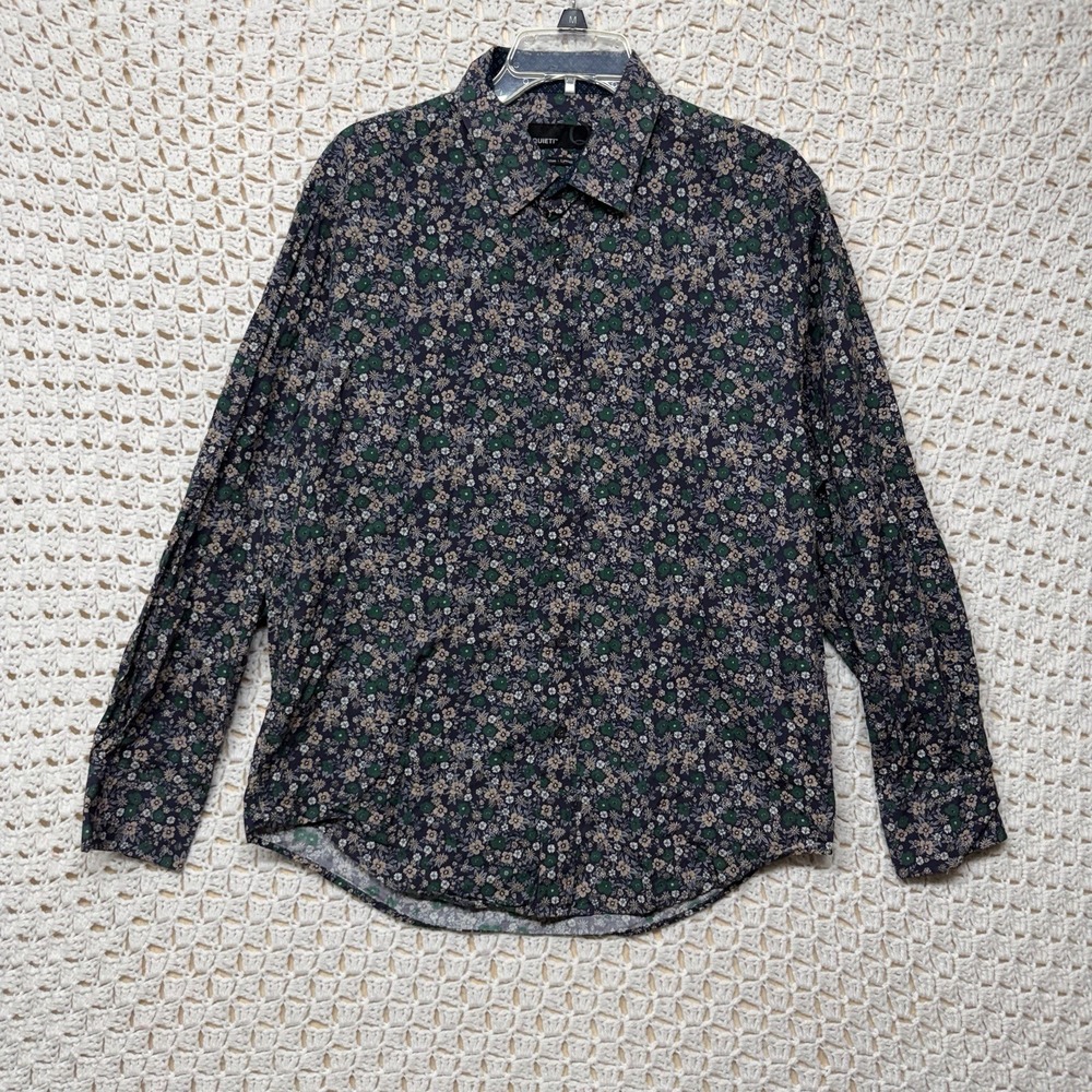 Quieti Mens Shirt L Green Black Floral Long-Sleeve Button Up Cotton Lyocell - Picture 2 of 10